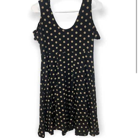Comfy USA Polka Dot Dress Womens S Cold Shoulder Black Tan Swing Dress Soft USA - Picture 2 of 6